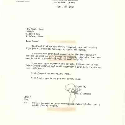 Letter to David Read from Jack Brooks April 28, 1952