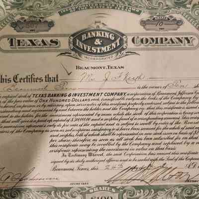 Texas Banking & Investment Company Capital Stock issued to J F Keith - $100