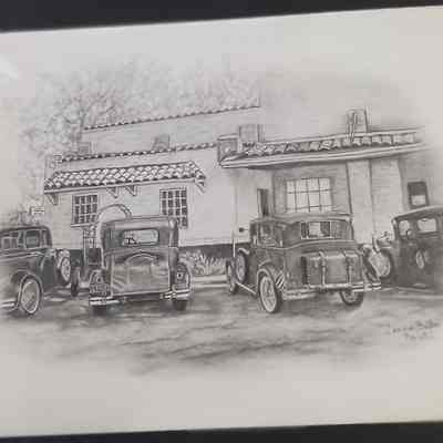 Drawing by Connie Baten with old cars of the Ice House in Silsbee, now the Ice House Museum with black mat