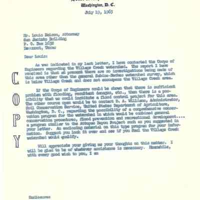 Copy of Letter to Louis Nelson from Jack Brooks July 19, 1965 regarding Village Creek Watershed