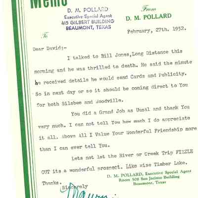 Memo to David Read from Maury Pollard February 27, 1952