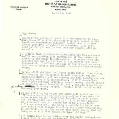 Letter to David Read from Jack Brooks April 14, 1949