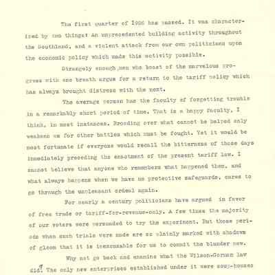 John H Kirby Speech Opposing Free Trade or Tariff-For-Revenue Only Political Policies