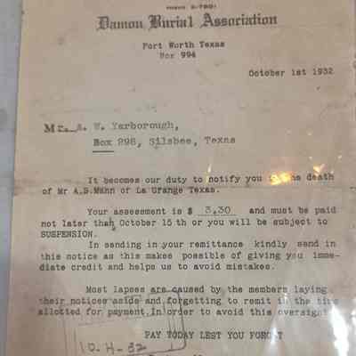 Letter to AW Yarborough dated October 1, 1932 from Damian Burial Association regarding the death of AS Mann