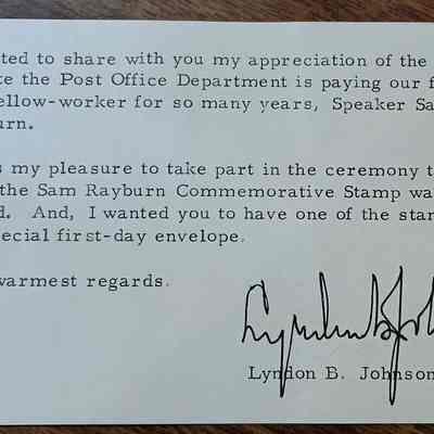 Card that came with donated letters from David Read family - signed by Lyndon B. Johnson in regards to the new Sam Rayburn Commemorative Stamp - no date