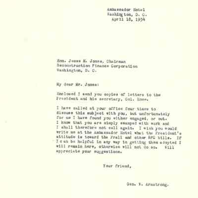 Letter to Jesse H Jones from George W Armstrong dated April 18, 1954