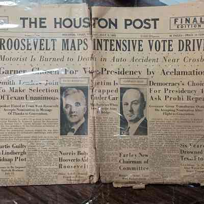 The Houston Post newspaper dated July 3, 1932 with headlines of "Roosevelt Maps Intensive Vote Drive"