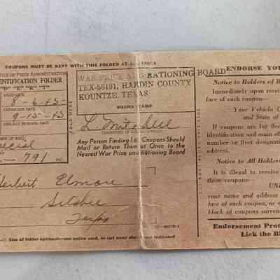 Mileage Ration with stamps issued to Herbert Elmore issued August 6, 1945