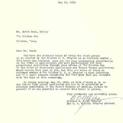 Letter to David Read from O O Miller May 18, 1953