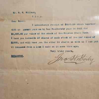 Letter to W W Wilson from John H Kirby dated October 24, 1907 concerning receipt of funds for Silsbee State Bank Stock