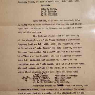 Meeting Minutes - Board of Directors Texas Banking & Investment Co dated July 11, 1922