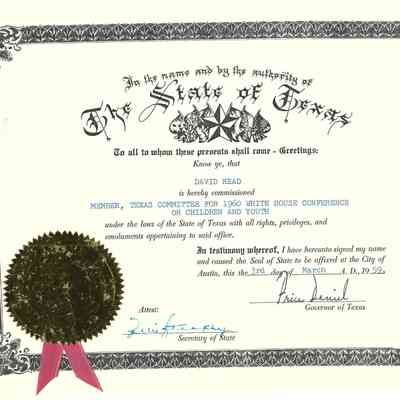 Certificate Commissioning David Read Member of Texas Committee for 1960 White House Conference of Children and Youth March 3, 1959