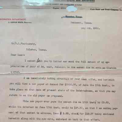 Letter to R L Weathersby from W W Wilson dated May 6, 1910 concerning Loan notes and interest