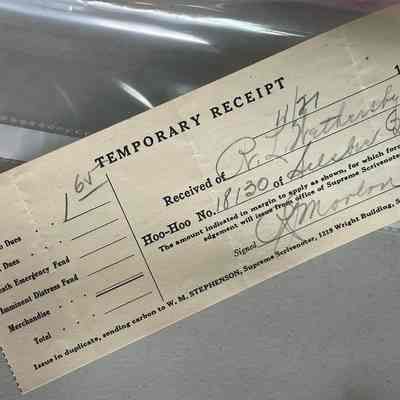 Temporay Receipt from R L Weathersby of Hoo-Hoo Dues November 21,1914