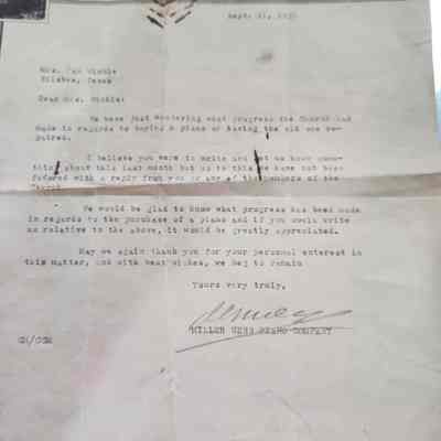 Letter from Miller Piano Co to Mrs Van Winkle 9-21-1935
