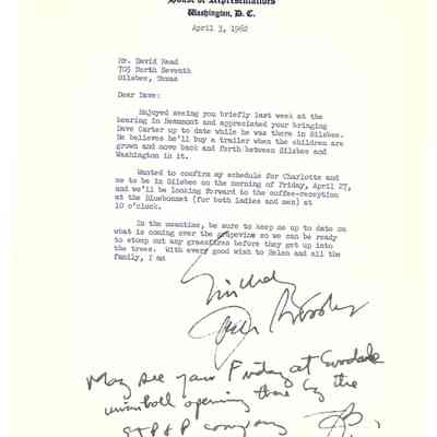 Letter to David Read from Jack Brooks April 3, 1962