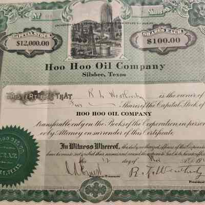 Hoo Hoo Oil Comany Capital Stock issued to R L Weathersby dated November 12, 1914 - $100