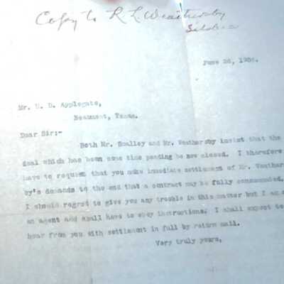 Letter from unknown to H D Applegate dated June 26, 1906 (copied to R L Weathersby) requesting payment on insurance