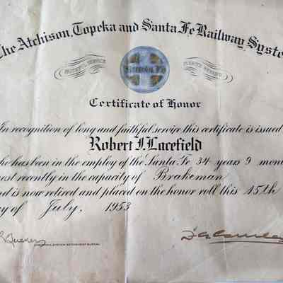 Certificate of Honor for Robert Lacefield - ATSF Railway