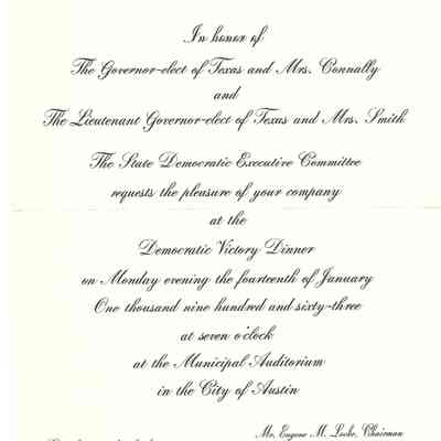 Invitation to David Read to the Democratic Victory Dinner for Govenor Connally and Lt Govenor Smith January 14, 1963