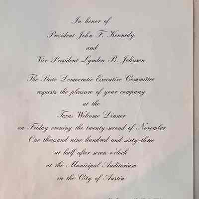 Invitation to David Read to the Texas Welcome Dinner on November 22, 1963 in honor of President John F Kennedy and Vice President Lyndon B Johnson