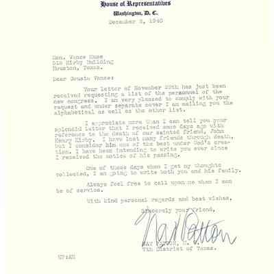Letter to Hon Vance Muse from Nat Patton, US House Representative from Texas, dated December 2, 1940