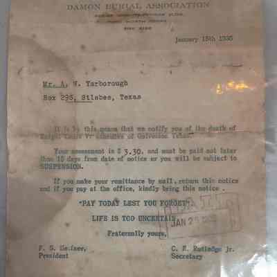 Letter to AW Yarborough dated January 15, 1935 from Damian Burial Association regarding the death of Knight Louis V Schembre