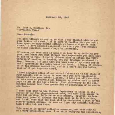 Letter to John H Mnthey Jr from David Read February 20, 1947