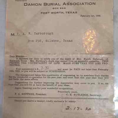 Letter to AW Armstrong dated February 1, 1932 from Damian Burial Association regarding the death of Mrs. Maude Holbrook