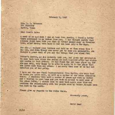 Letter to Mrs I L Peterson from David Read February 5, 1947