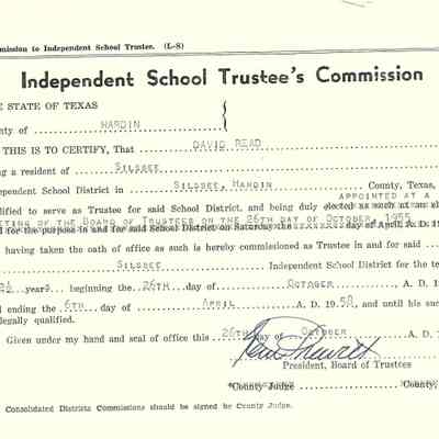 Appointment to the Independent School District of Silsbee, Texas for David Read October 26, 1955