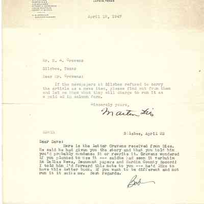 Letter to N A Craven from Martin Dies April 18, 1947 - Response to David Read from Bob Read April 22, 1947