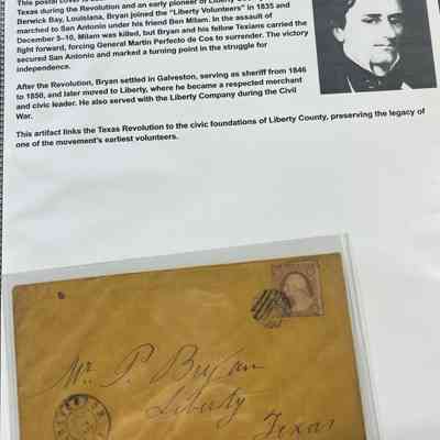 Envelope to Pryor Bryan, Letter Cover Dewitt Quinton Lodge, Letter to Thomas B Huling - Texas Revolution Exhibit Materials