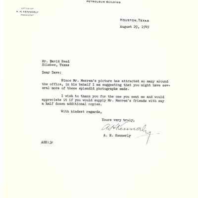 Letter to David Read from A H Kennerly August 29, 1949