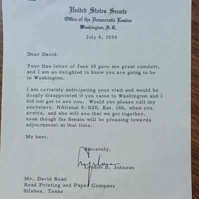 Letter to David Read from Lyndon B Johnson dated July 6, 1954