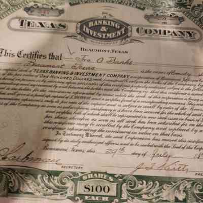 Texas Banking & Investment Company Captial Stock issued to Jno O Banks - $100