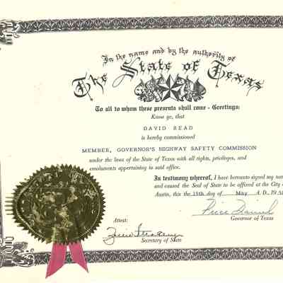 Certificate Appointing David Read as Member of the Govenor's Highway Safety Commision May 15, 1958