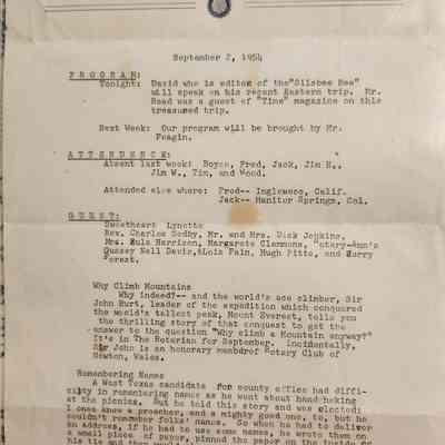 Woodville Rotary Club Program - David Read speaking September 2, 1954