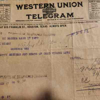 Western Union Telegram to John H Kirby from Oliver-Boston, Mass