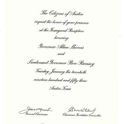 Invitation for David Read to the Inaugural Reception for Governor Allen Shivers and Lt Govenor Ben Ramsey January 12, 1953