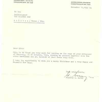 Letter to David Read from Wilhelm L Mayer December 12, 1955