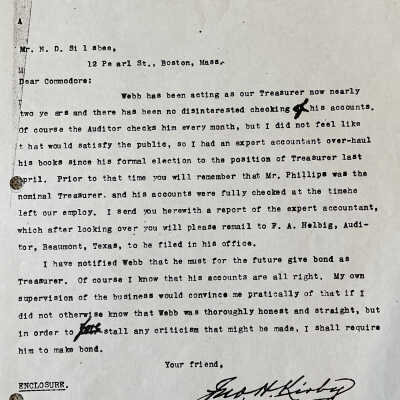 Letter to Nathaniel Silsbee from John H Kirby February 2, 1898 concerning audit