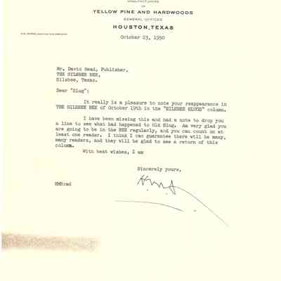 Letter to David Read from H M Seaman October 23,1950