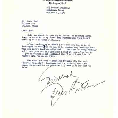 Letter to David Read from Jack Brooks October 10, 1961