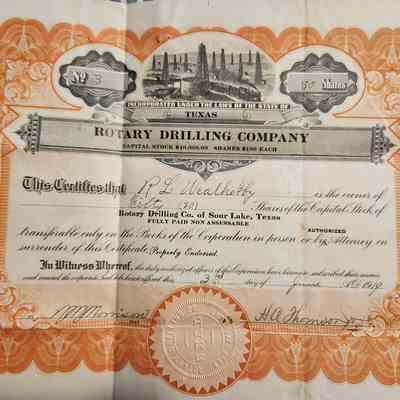 Rotary Drilling Company Capital Stock issued to R L Weathersby dated June 3, 1919