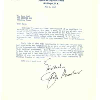 Letter to David Read from Jack Brooks May 1, 1958
