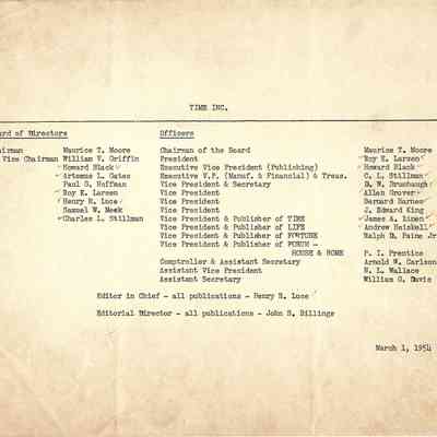 Time Inc Board of Directors and Employee Listing March 1, 1954 - David Read Materials