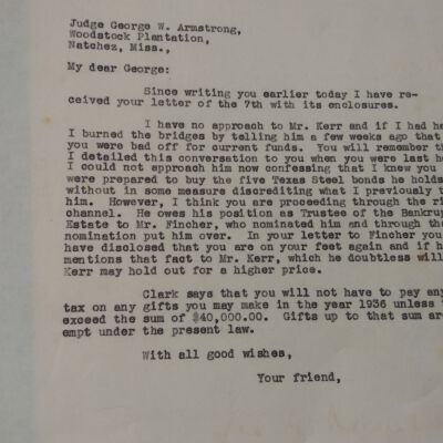 Letter from John Henry Kirby to George W Armstrong dated May 8, 1936 concerning Kerr Bond sale