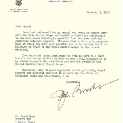 Letter to David Read from Jack Brooks December 5, 1962