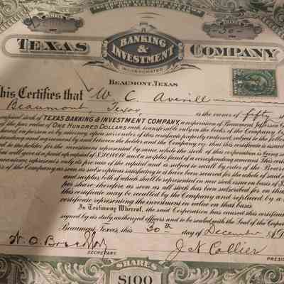 Texas Banking & Investment Company Capital Stock issued to W C Averill - $100